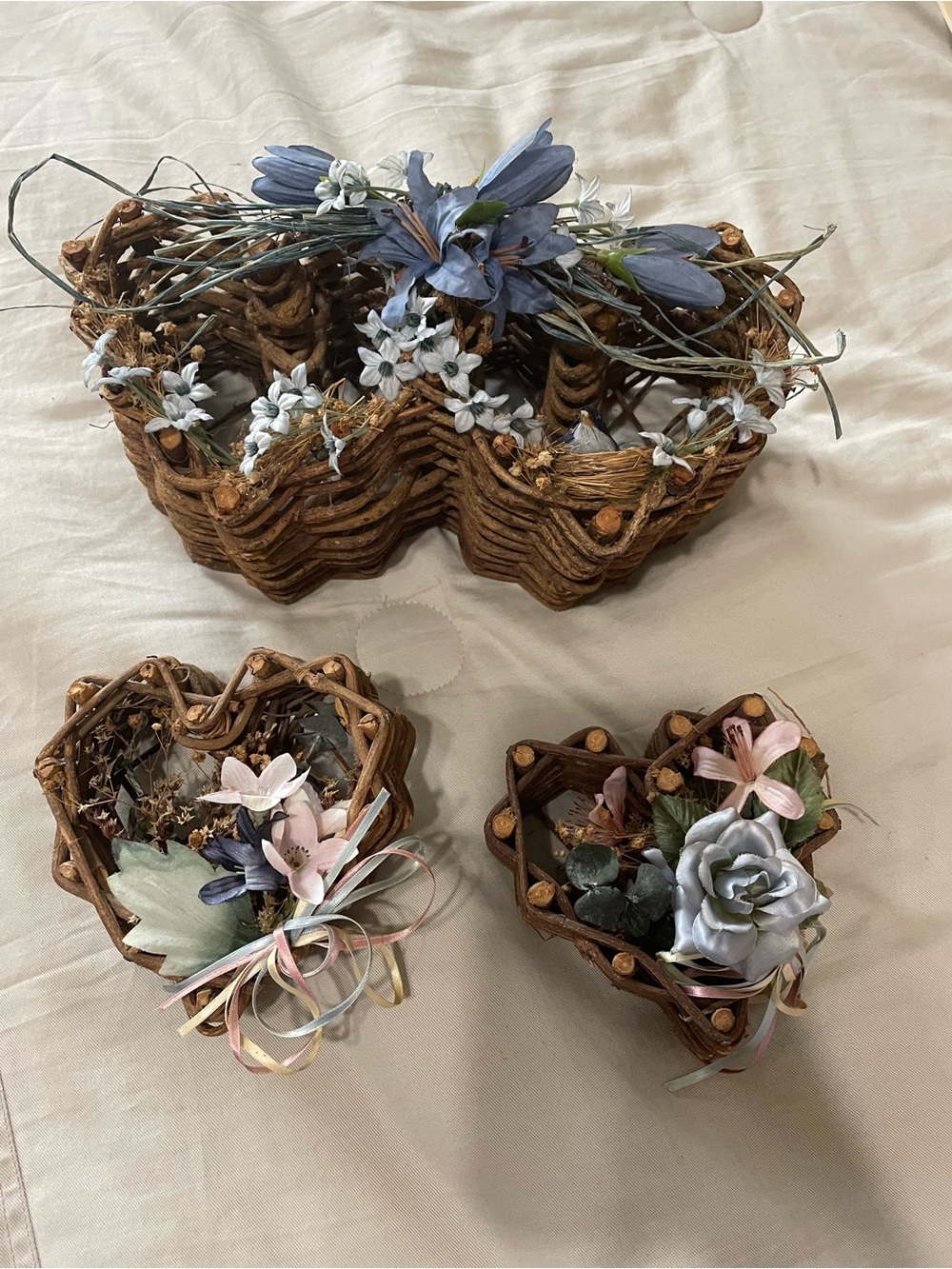 Vintage rustic Woven Heart shape wicker wall hangings with Blue & Pink accents